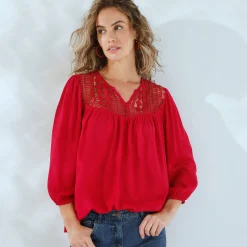 Bloes En Tuniek<Blancheporte Bloes met macramé en 3/4-mouwen framboos