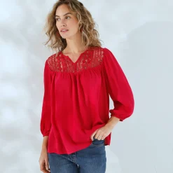Bloes En Tuniek<Blancheporte Bloes met macramé en 3/4-mouwen framboos