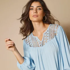 Bloes En Tuniek<Blancheporte Bloes met macramé en 3/4-mouwen hemelsblauw
