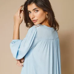 Bloes En Tuniek<Blancheporte Bloes met macramé en 3/4-mouwen hemelsblauw