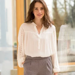 Bloes En Tuniek<Blancheporte Bloes met officierskraag en macramé, soepele crepon gebroken wit