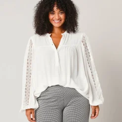 Bloes En Tuniek<Blancheporte Bloes met officierskraag en macramé, soepele crepon gebroken wit