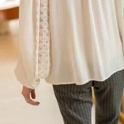 Bloes En Tuniek<Blancheporte Bloes met officierskraag en macramé, soepele crepon gebroken wit