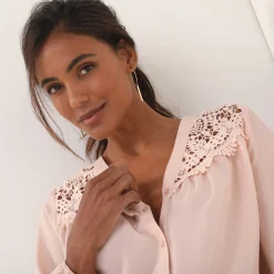 Feestoutfits Dames|Bloes En Tuniek<Blancheporte Bloes met pasje in geschulpt macramé, bloezende mouwen poederroze