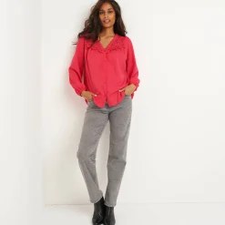 Bloes En Tuniek<Blancheporte Bloes met pasje in geschulpt macramé, bloezende mouwen framboos