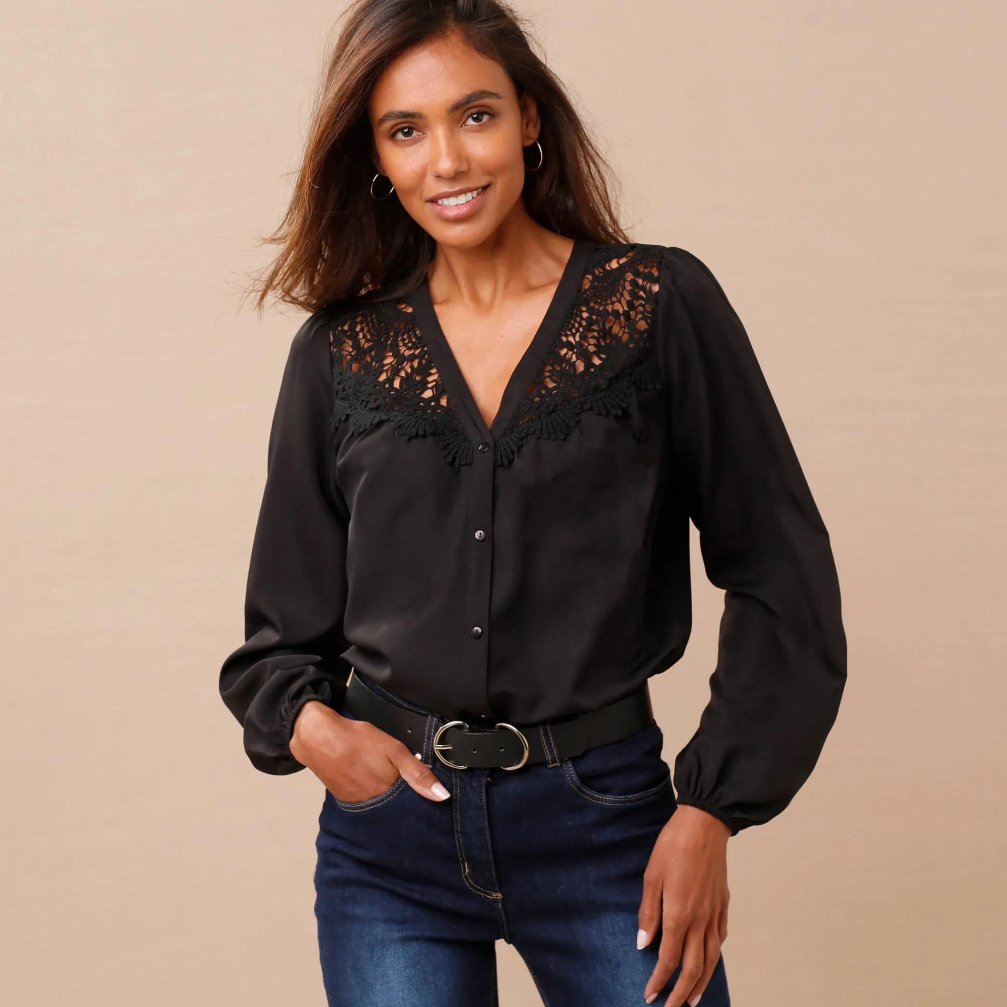 Feestoutfits Dames|Bloes En Tuniek<Blancheporte Bloes met pasje in geschulpt macramé, bloezende mouwen zwart