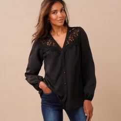 Feestoutfits Dames|Bloes En Tuniek<Blancheporte Bloes met pasje in geschulpt macramé, bloezende mouwen zwart