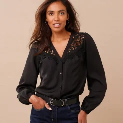Feestoutfits Dames|Bloes En Tuniek<Blancheporte Bloes met pasje in geschulpt macramé, bloezende mouwen zwart