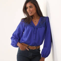 Feestoutfits Dames|Bloes En Tuniek<Blancheporte Bloes met pasje in geschulpt macramé, bloezende mouwen inktblauw