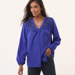 Feestoutfits Dames|Bloes En Tuniek<Blancheporte Bloes met pasje in geschulpt macramé, bloezende mouwen inktblauw