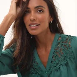 Bloes En Tuniek<Blancheporte Bloes met pasje in geschulpt macramé, bloezende mouwen groen