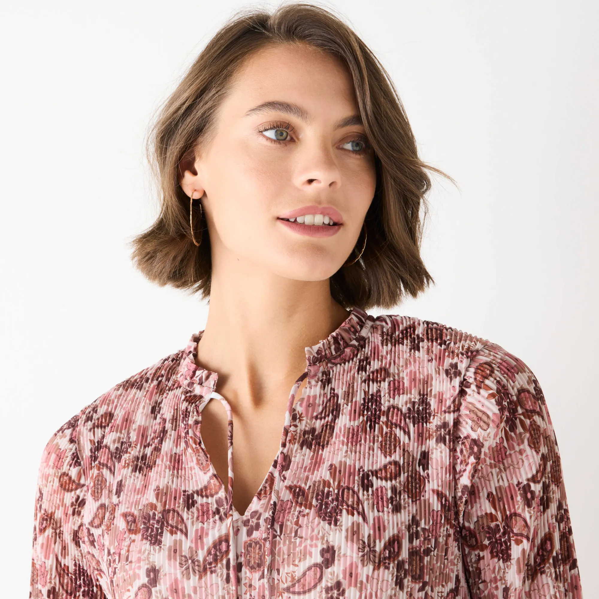 Feestoutfits Dames|Bloes En Tuniek<Blancheporte Bloes met plissé en bloemenprint, in voile roze / chocolade