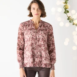 Feestoutfits Dames|Bloes En Tuniek<Blancheporte Bloes met plissé en bloemenprint, in voile roze / chocolade