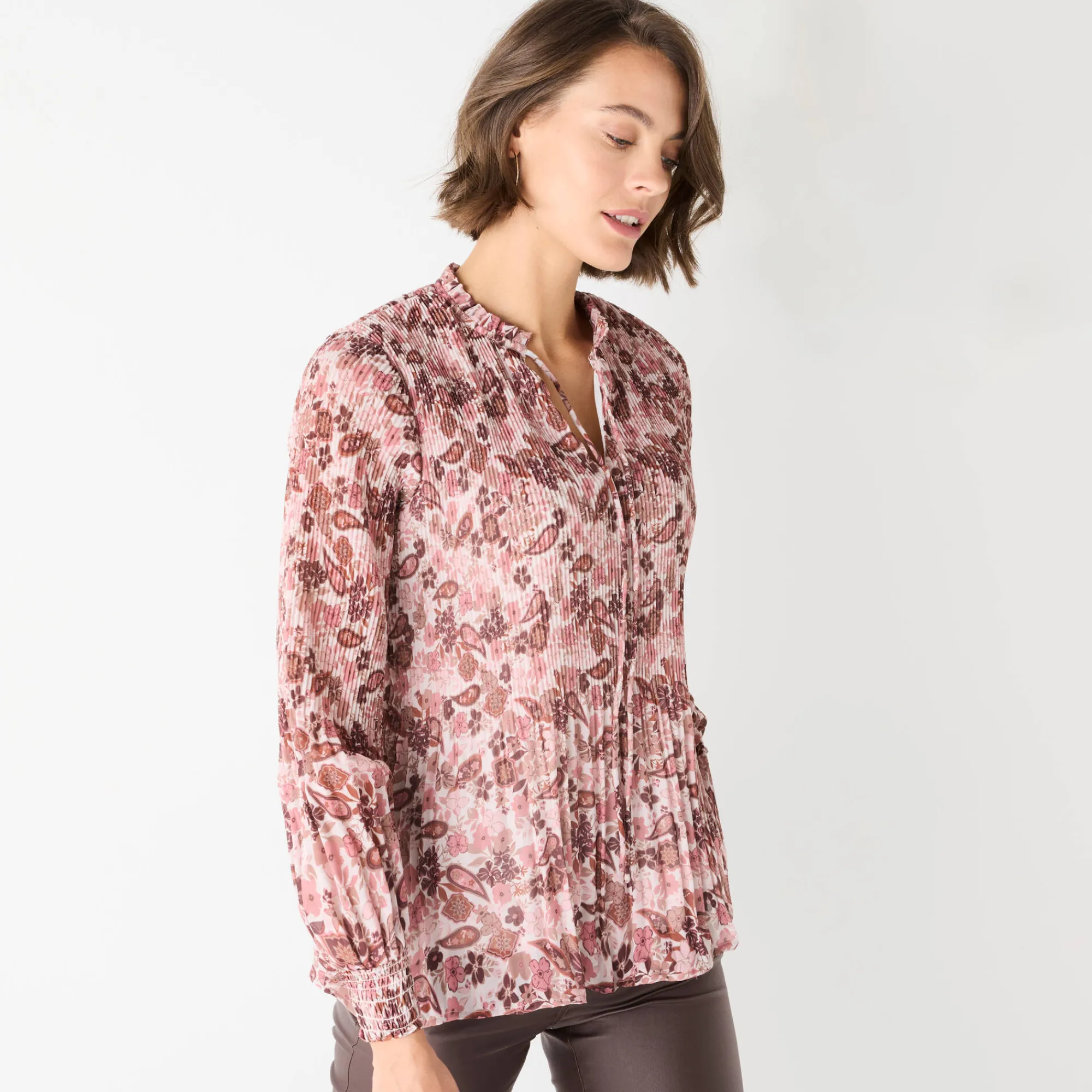 Feestoutfits Dames|Bloes En Tuniek<Blancheporte Bloes met plissé en bloemenprint, in voile roze / chocolade