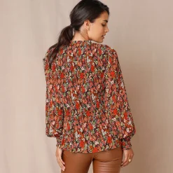Bloes En Tuniek<Blancheporte Bloes met plissé en bloemenprint, in voile chocolade / koraal