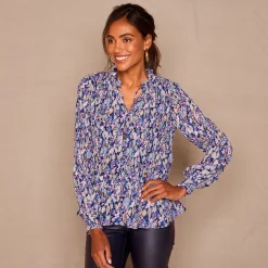 Feestoutfits Dames|Bloes En Tuniek<Blancheporte Bloes met plissé en bloemenprint, in voile marine / blauw