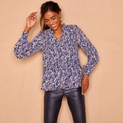 Feestoutfits Dames|Bloes En Tuniek<Blancheporte Bloes met plissé en bloemenprint, in voile marine / blauw