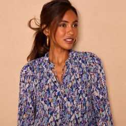 Feestoutfits Dames|Bloes En Tuniek<Blancheporte Bloes met plissé en bloemenprint, in voile marine / blauw
