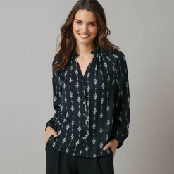 Feestoutfits Dames|Bloes En Tuniek<Lora Zellini Bloes met ruchekraag, bedrukte crêpe zwart / ecru