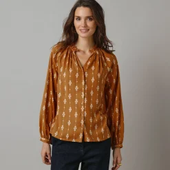 Feestoutfits Dames|Bloes En Tuniek<Lora Zellini Bloes met ruchekraag, bedrukte crêpe honing / ecru