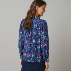 Feestoutfits Dames|Bloes En Tuniek<Lora Zellini Bloes met ruchekraag en pofmouwen, bloemenprint blauw