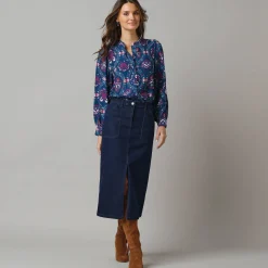 Feestoutfits Dames|Bloes En Tuniek<Lora Zellini Bloes met ruchekraag en pofmouwen, bloemenprint blauw