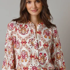 Bloes En Tuniek<Lora Zellini Bloes met ruchekraag en pofmouwen, bloemenprint ecru