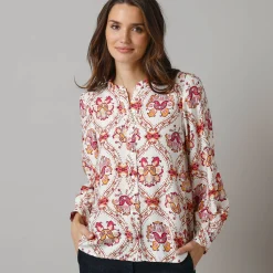 Bloes En Tuniek<Lora Zellini Bloes met ruchekraag en pofmouwen, bloemenprint ecru
