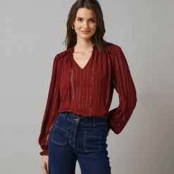 Feestoutfits Dames|Bloes En Tuniek<Lora Zellini Bloes met smokwerk in crepon, glansdraad bordeaux