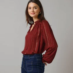 Feestoutfits Dames|Bloes En Tuniek<Lora Zellini Bloes met smokwerk in crepon, glansdraad bordeaux
