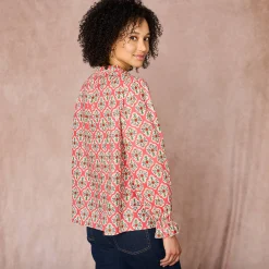 Bloes En Tuniek<Blancheporte Bloes met smokwerk, stroken aan het kraagje, bedrukt rood / ecru
