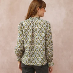 Bloes En Tuniek<Blancheporte Bloes met smokwerk, stroken aan het kraagje, bedrukt kaki / ecru
