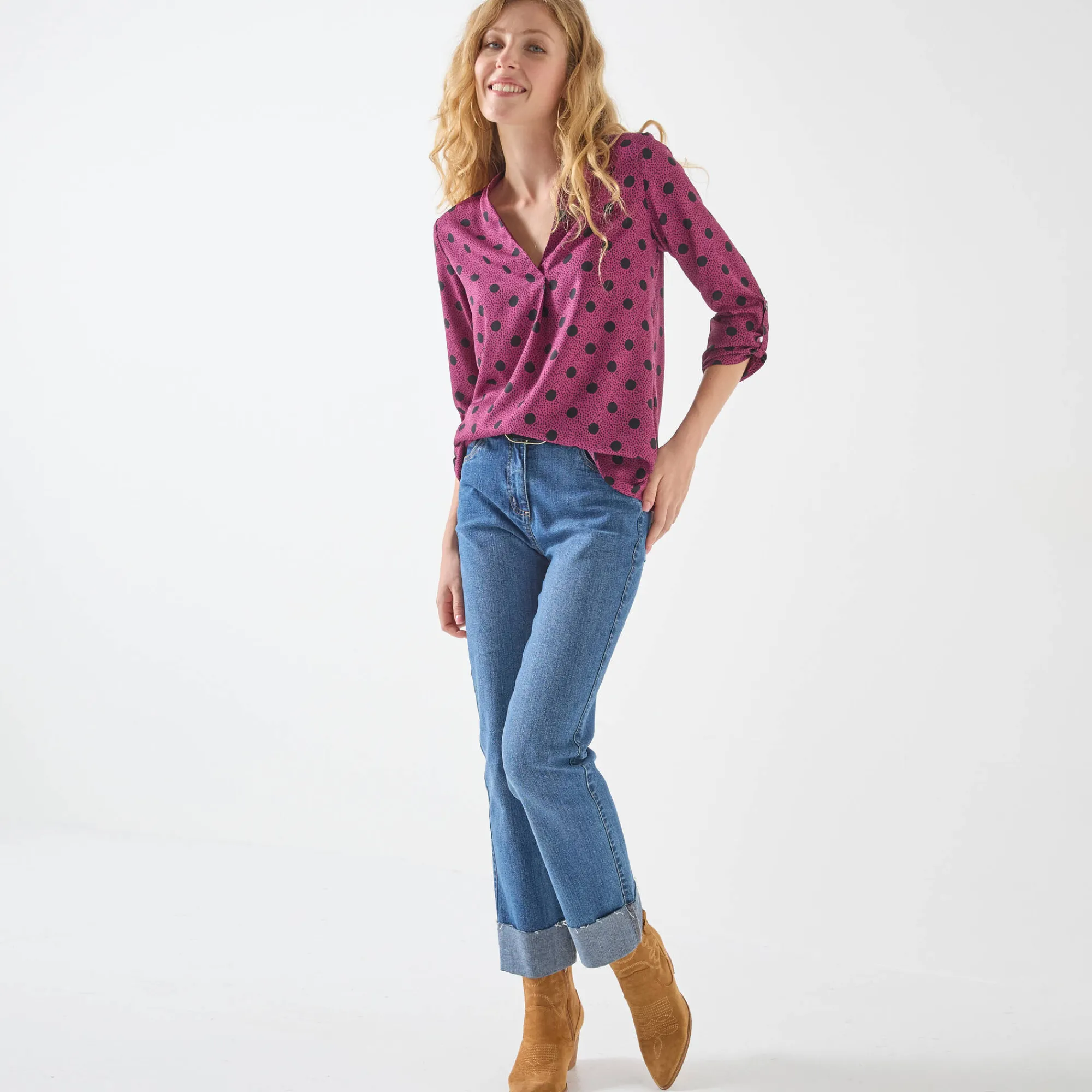 Bloes En Tuniek<Blancheporte Bloes met stippenprint en Tunesische hals, crêpe violine / zwart