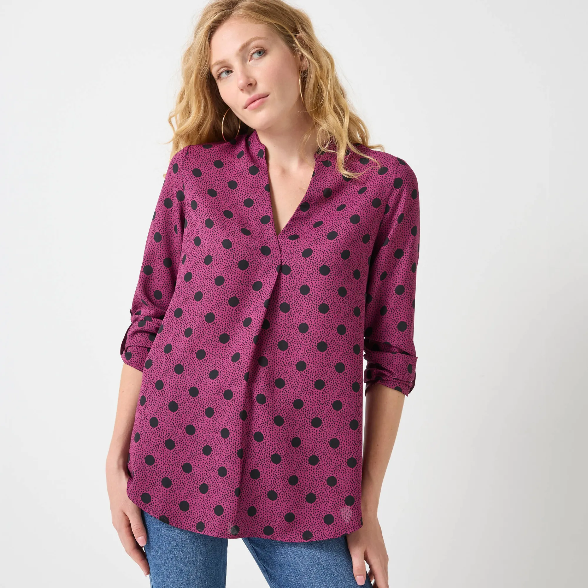 Bloes En Tuniek<Blancheporte Bloes met stippenprint en Tunesische hals, crêpe violine / zwart