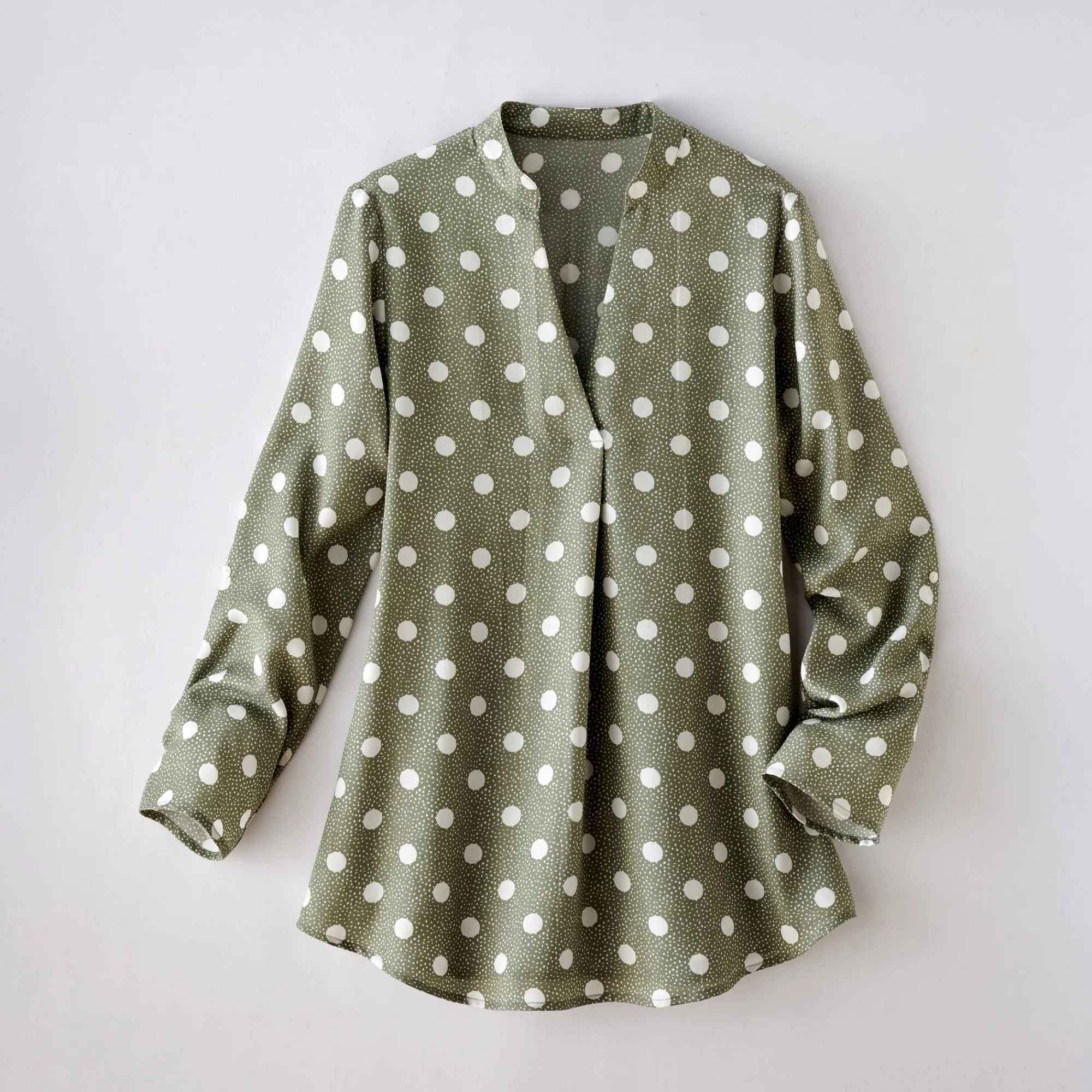 Bloes En Tuniek<Blancheporte Bloes met stippenprint en Tunesische hals, crêpe kaki / wit