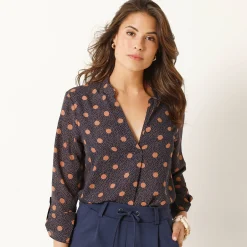 Bloes En Tuniek<Blancheporte Bloes met stippenprint en Tunesische hals, crêpe marine / hazelnootbruin