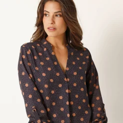 Bloes En Tuniek<Blancheporte Bloes met stippenprint en Tunesische hals, crêpe marine / hazelnootbruin