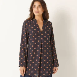 Bloes En Tuniek<Blancheporte Bloes met stippenprint en Tunesische hals, crêpe marine / hazelnootbruin