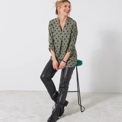 Bloes En Tuniek<Blancheporte Bloes met stippenprint en Tunesische hals, crêpe kaki / zwart