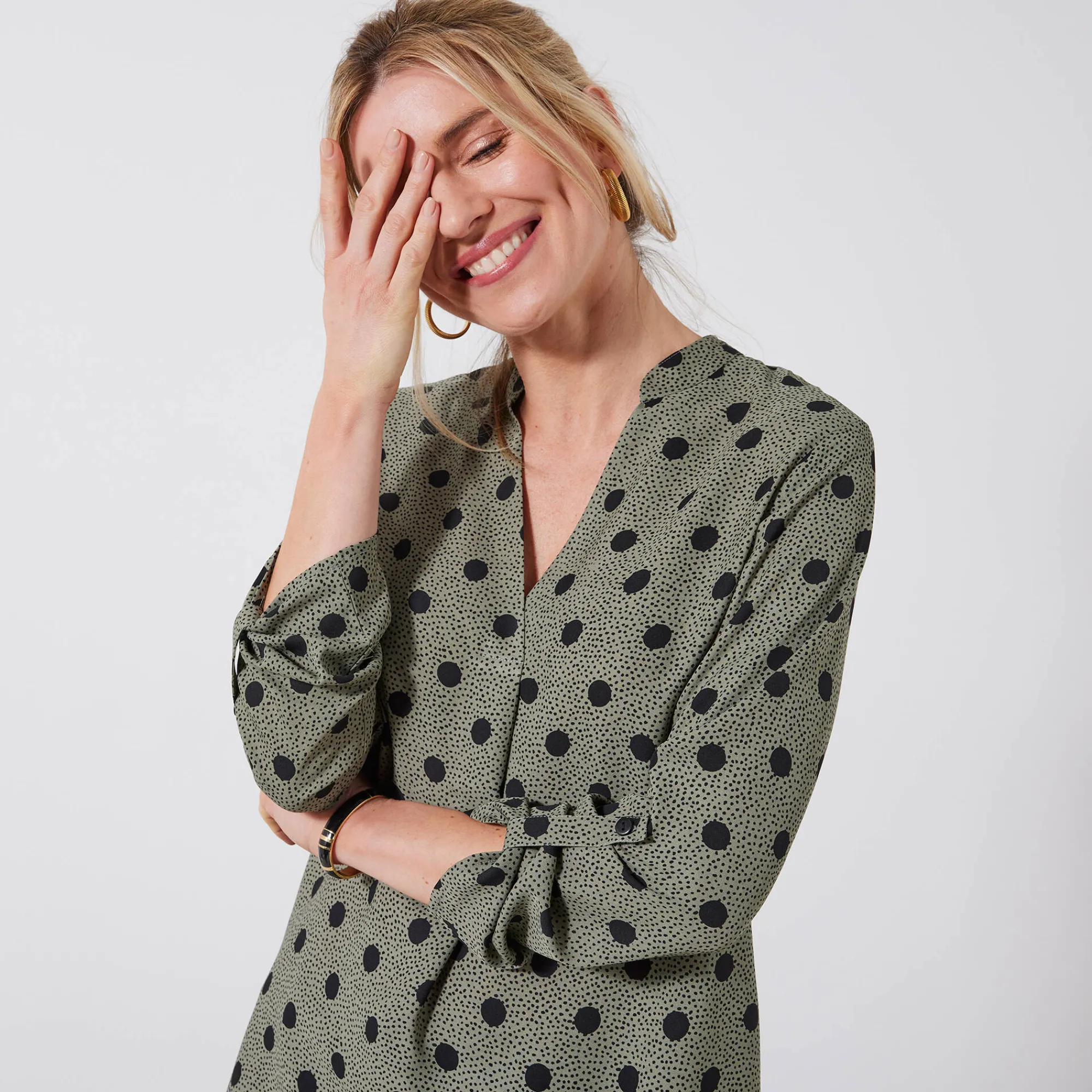 Bloes En Tuniek<Blancheporte Bloes met stippenprint en Tunesische hals, crêpe kaki / zwart