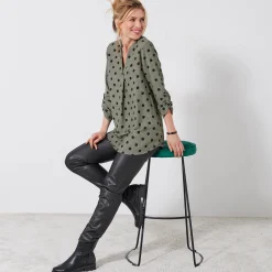 Bloes En Tuniek<Blancheporte Bloes met stippenprint en Tunesische hals, crêpe kaki / zwart