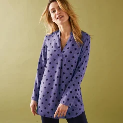 Bloes En Tuniek<Blancheporte Bloes met stippenprint en Tunesische hals, crêpe parma / marine