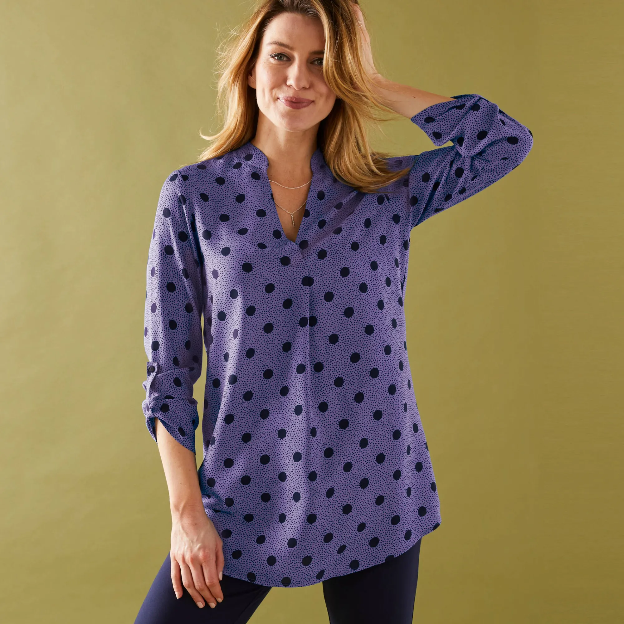 Bloes En Tuniek<Blancheporte Bloes met stippenprint en Tunesische hals, crêpe parma / marine