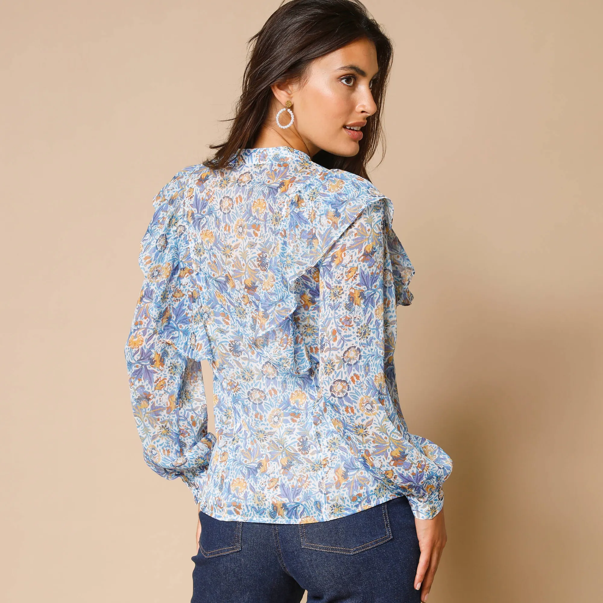 Bloes En Tuniek<Blancheporte Bloes met stroken, bedrukte voile ecru / blauw