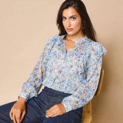 Bloes En Tuniek<Blancheporte Bloes met stroken, bedrukte voile ecru / blauw