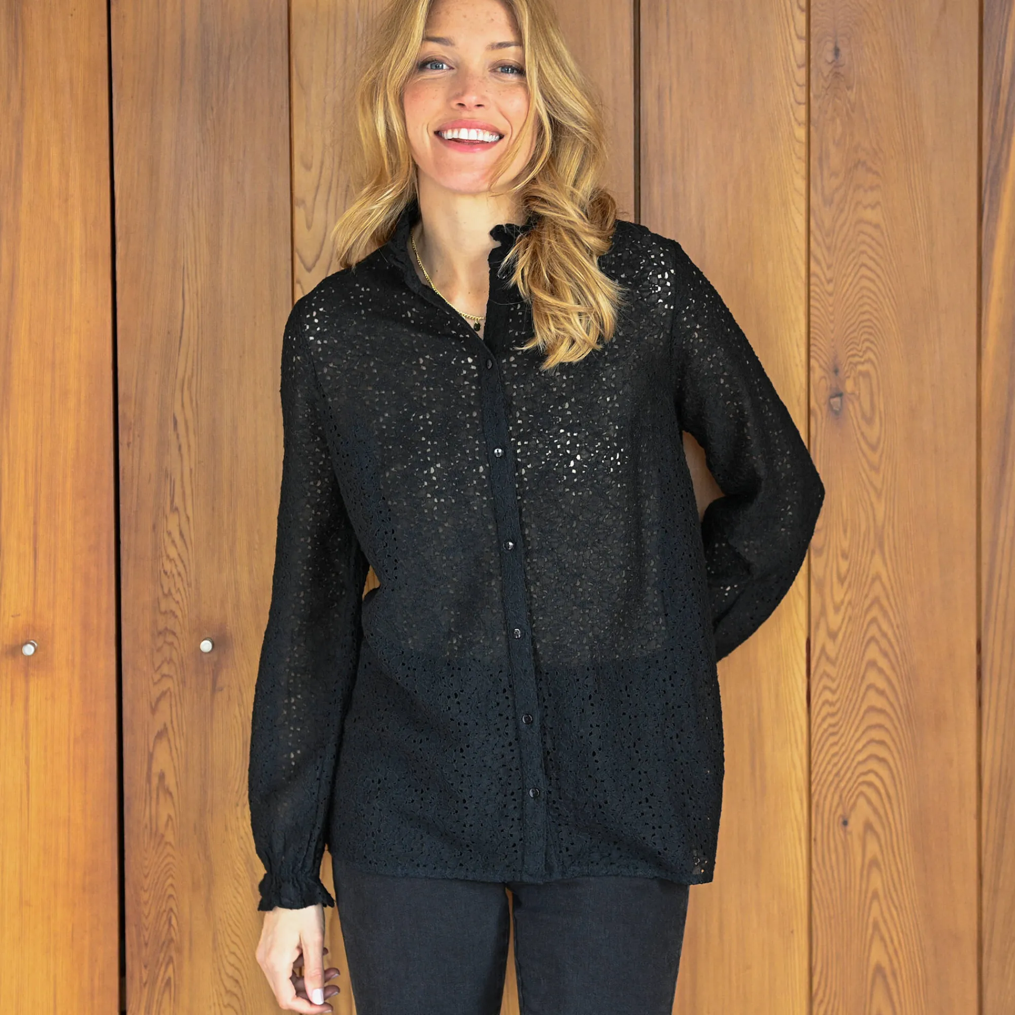 Feestoutfits Dames|Bloes En Tuniek<Blancheporte Bloes met stroken op en opstaande kraag, kant zwart