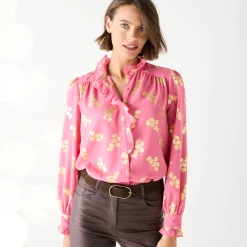Feestoutfits Dames|Bloes En Tuniek<Blancheporte Bloes met strook, voile met gouden print roze
