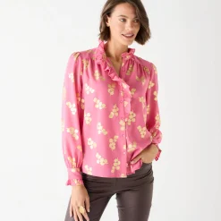 Feestoutfits Dames|Bloes En Tuniek<Blancheporte Bloes met strook, voile met gouden print roze