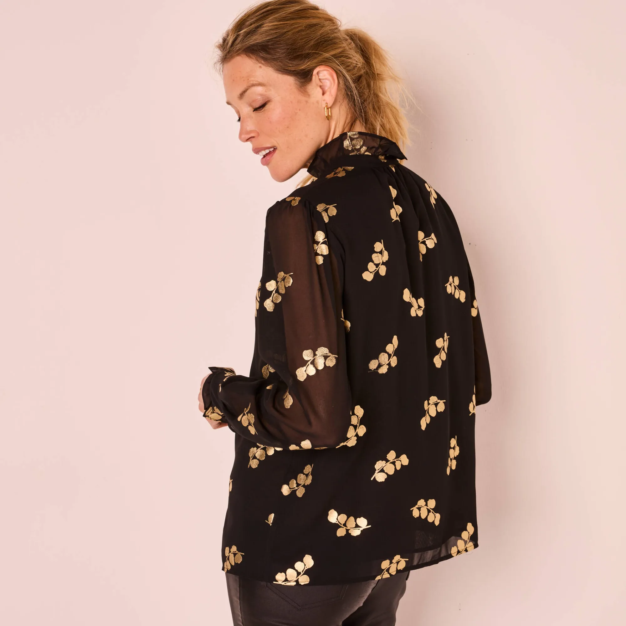 Feestoutfits Dames|Bloes En Tuniek<Blancheporte Bloes met strook, voile met gouden print zwart
