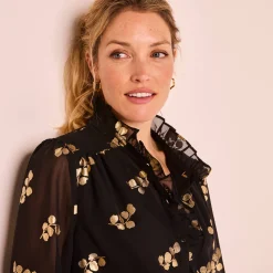 Feestoutfits Dames|Bloes En Tuniek<Blancheporte Bloes met strook, voile met gouden print zwart